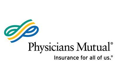 Physicians Mutual logo: green, yellow, and blue infinity symbol with company name and tagline.
