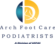 Logo: Arch Foot Care with a blue and yellow circle containing a foot outline and letter "D".