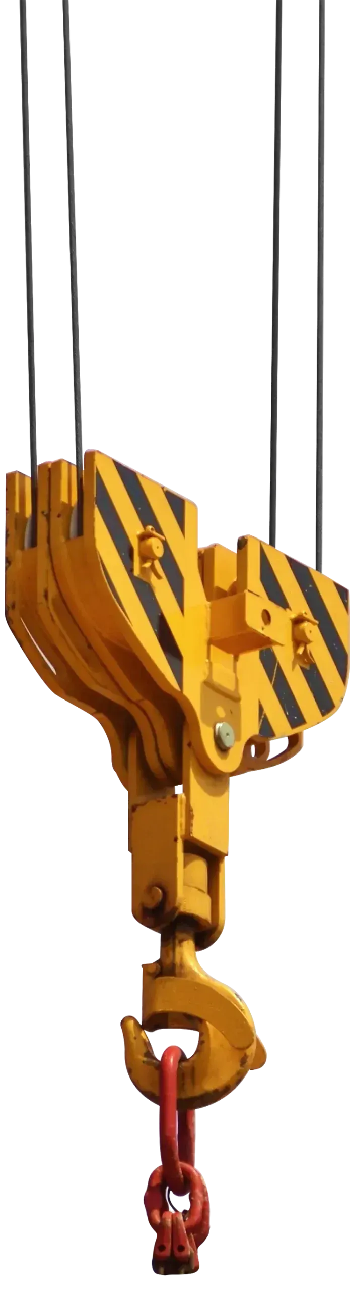 Yellow crane hook suspended by cables.