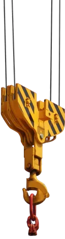 Yellow crane hook suspended by cables.