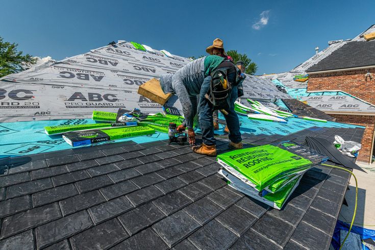 Roofers installing asphalt shingles on a sunny day.