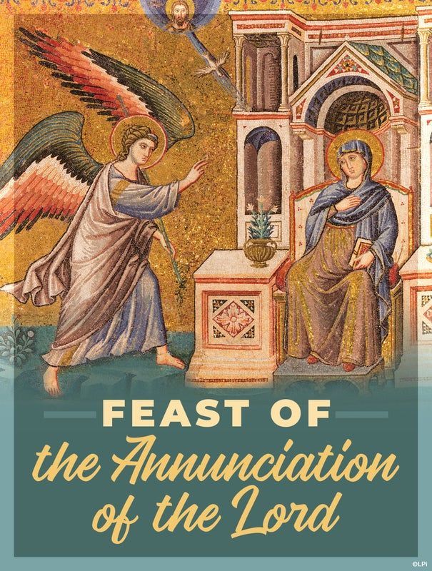 A mosaic-style image shows an angel approaching a seated figure, with text reading 