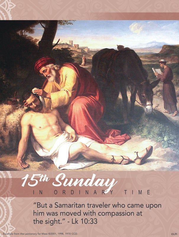 Painting of the story of the Good Samaritan. Text: 15th Sunday in Ordinary Time