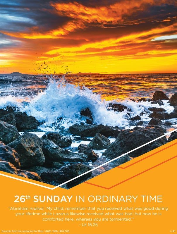 A Catholic bulletin cover with waves crashing onto rocks in a sunset.