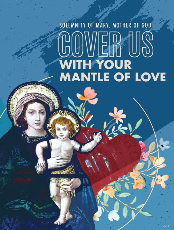 A graphic for the Solemnity of Mary, Mother of God, showing Mary holding the infant Jesus beside a red heart and flowers.