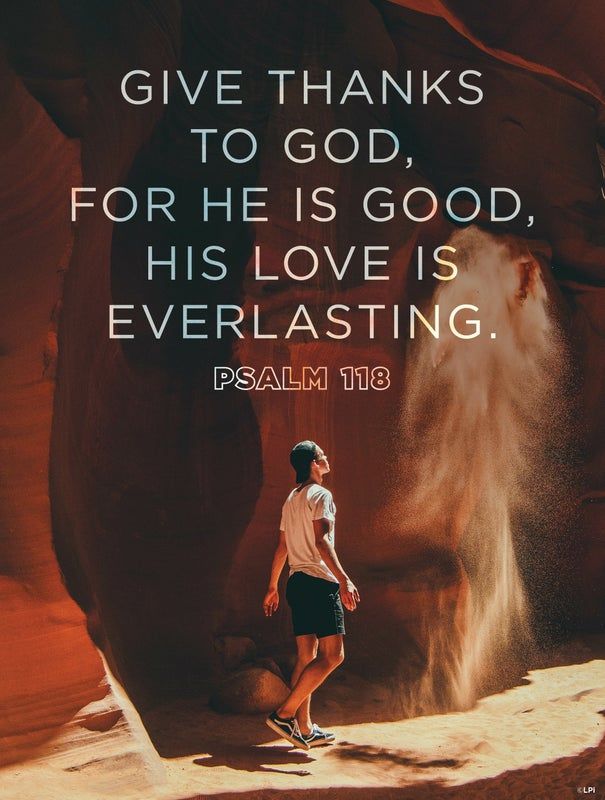 A bulletin cover with a man is standing in a canyon with Psalm 118.