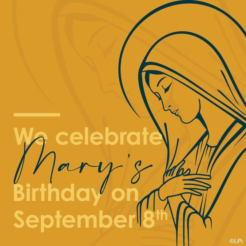 Graphic on gold background showing a line drawing of Mary with text: 