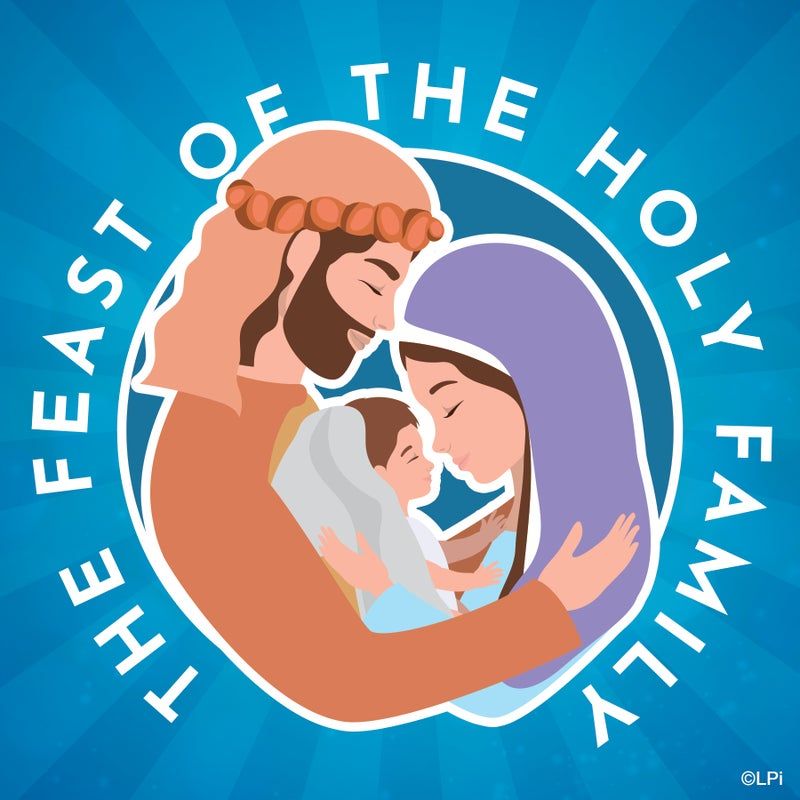 Stylized illustration of Joseph, Mary, and baby Jesus in an embrace, framed by text reading 