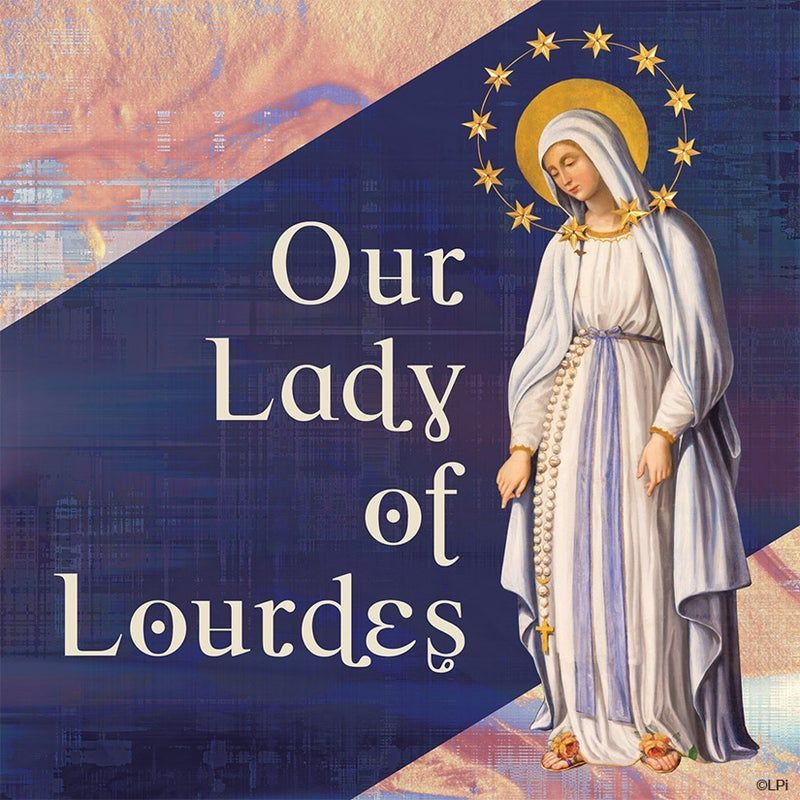 A depiction of Our Lady of Lourdes, featuring Mary in robes and a star-halo against a blue and gold background.