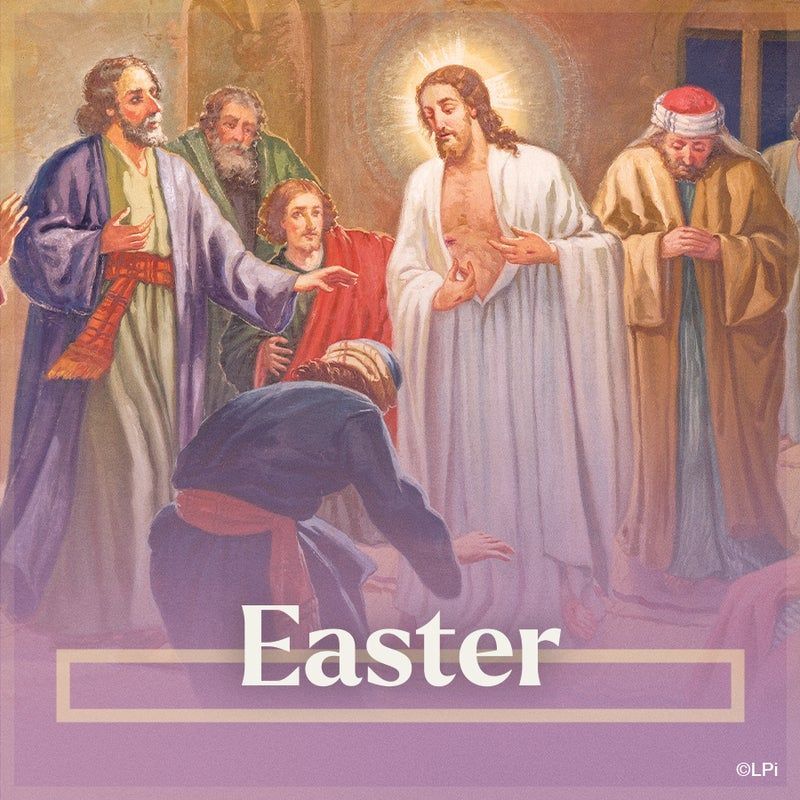 A painting of Jesus surrounded by people with the words Easter on the bottom.