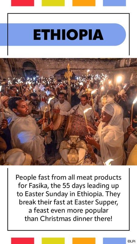 People fast from all meat products for Fasika the 55 days leading up to Easter Sunday in Ethiopia.