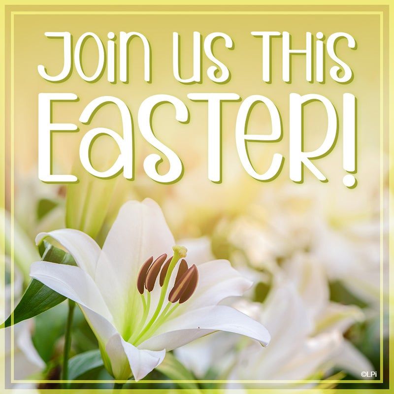 A Catholic themed graphic that says join us this easter with a flower under it.