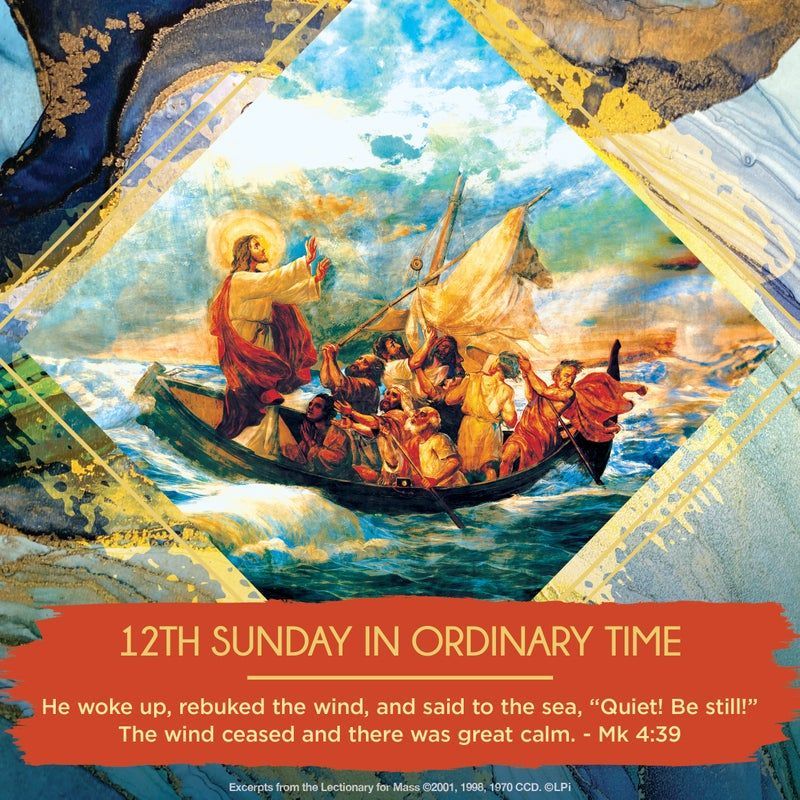 Jesus calming the storm on a boat with disciples; orange text for the 12th Sunday in Ordinary Time.