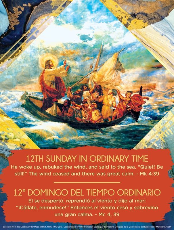 Jesus calms the storm at sea. Jesus in a boat with disciples, rebuking wind. Text: 12th Sunday in Ordinary Time.