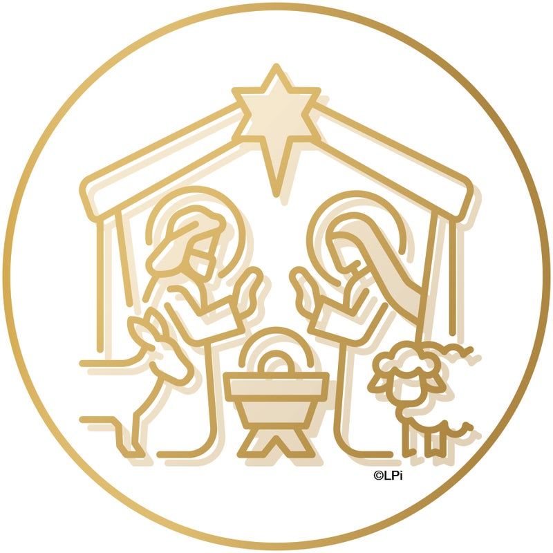 Nativity scene in a gold circle: Joseph, Mary, and baby Jesus in a manger, with a donkey, sheep, and star.