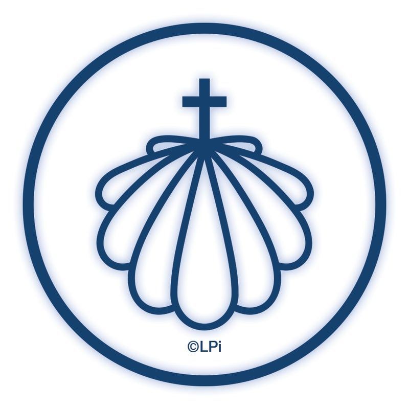 A blue outline of a scallop shell with a cross above it, inside a blue circle; Baptism icon