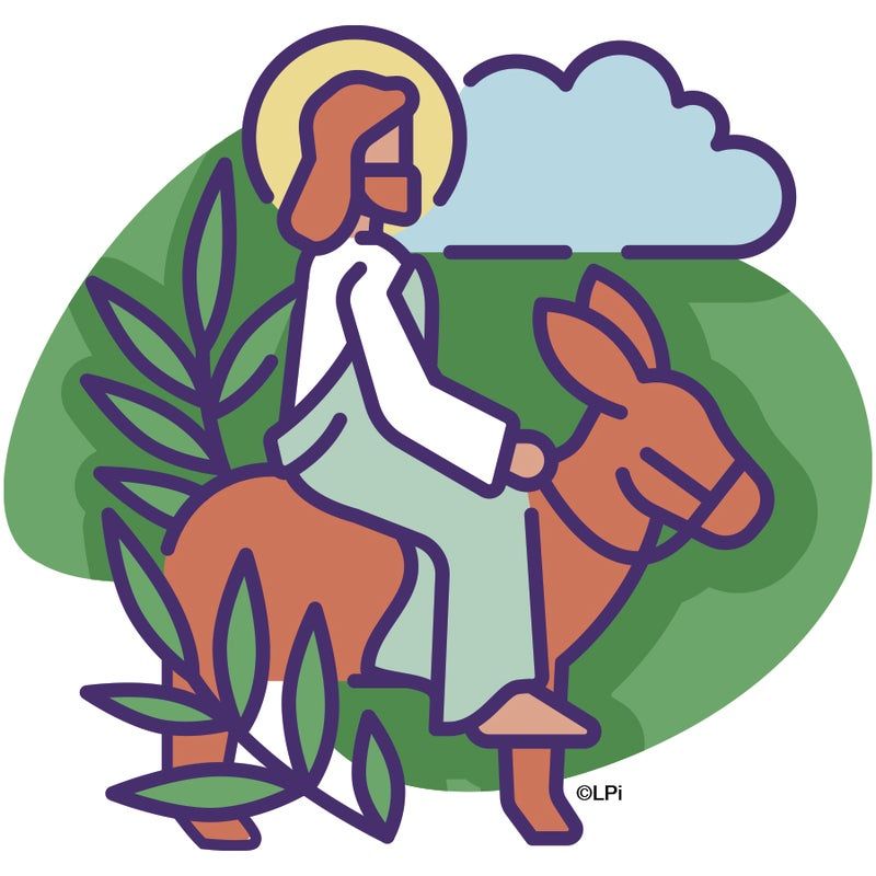 Jesus riding a donkey; palm branches.