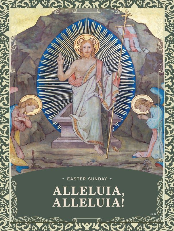 The Catholic themed bulletin cover with Jesus rising out of a tomb that says Alleluia Alleluia.