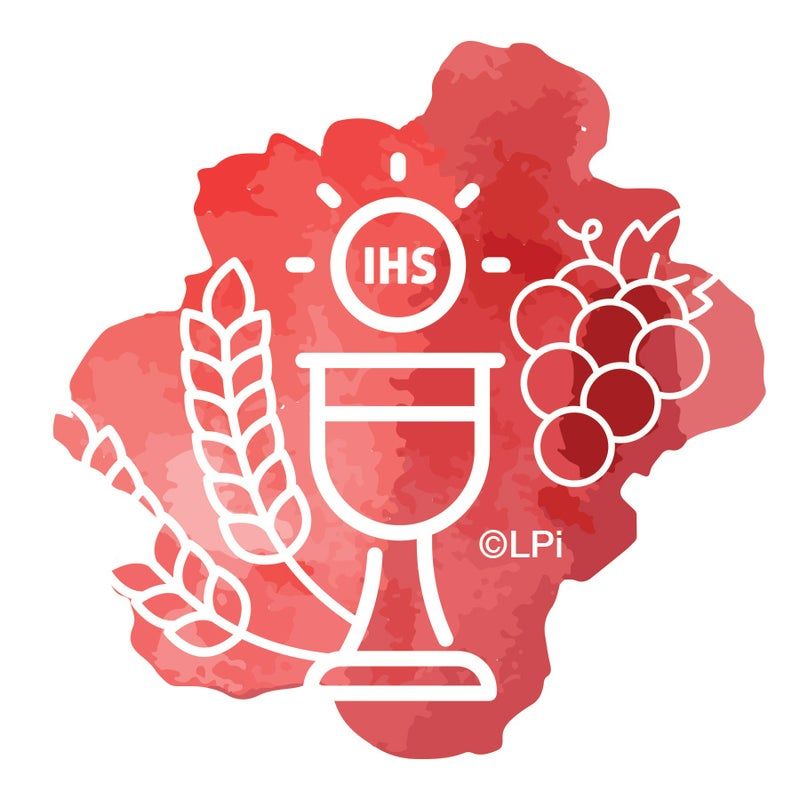 Chalice, wheat, grapes, and IHS symbol on a red watercolor background, representing the Eucharist.