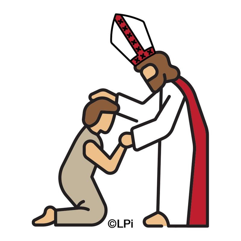 Bishop anoints kneeling person's head with oil; Confirmation.