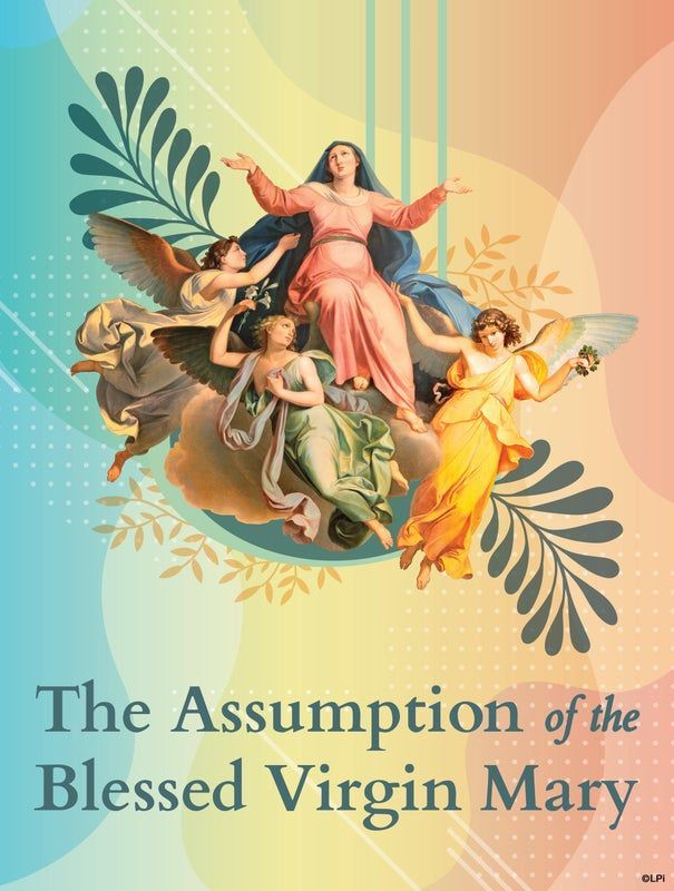 An illustration of the Assumption of the Blessed Virgin Mary, showing Mary ascending with angels against a colorful background.