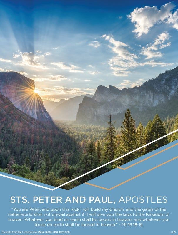 A Catholic bulletin cover with a sunset behind mountain cliffs.