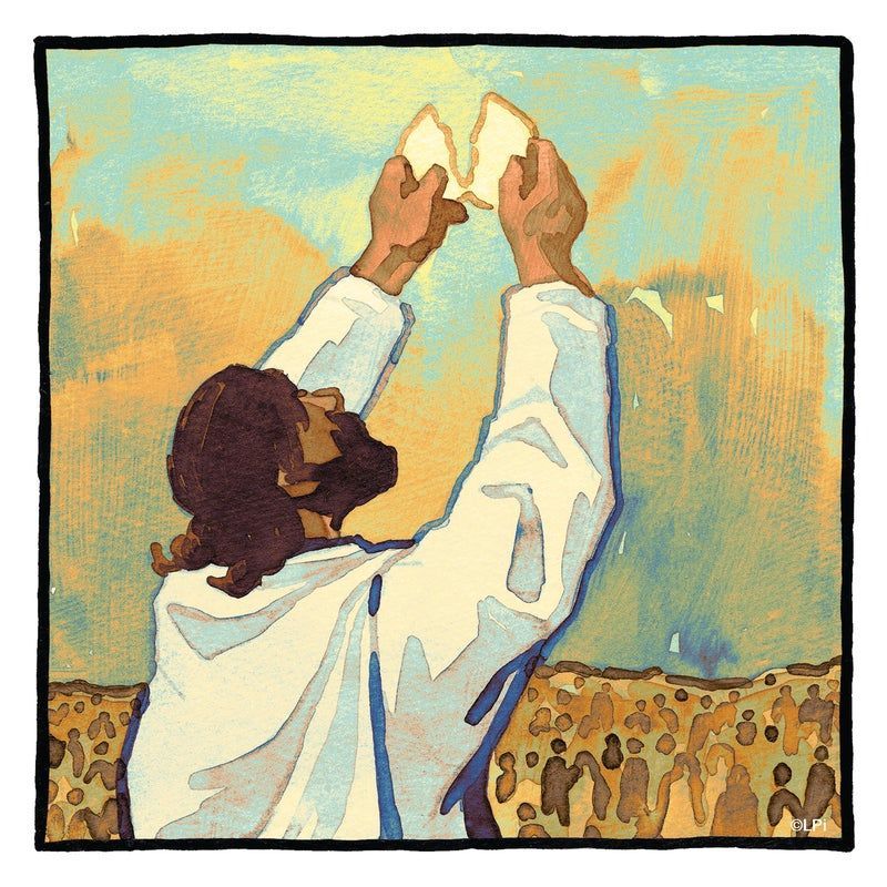Illustration of Jesus breaking bread for a crowd.