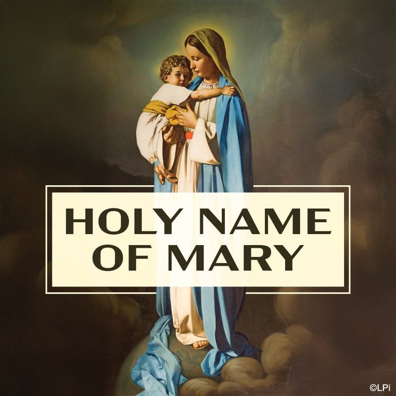 Painting of Mary holding the infant Jesus, with the text 