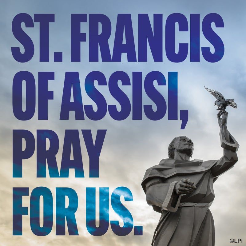 Statue of St. Francis of Assisi holding a bird. Text says,