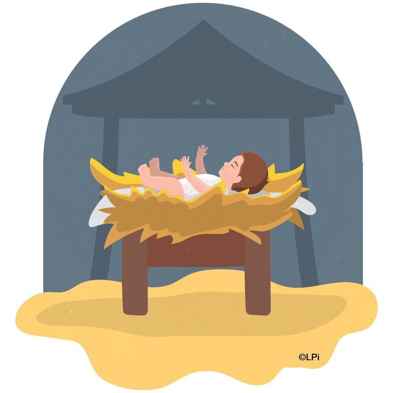 Baby Jesus in a manger, in a simple stable setting, under a roof.