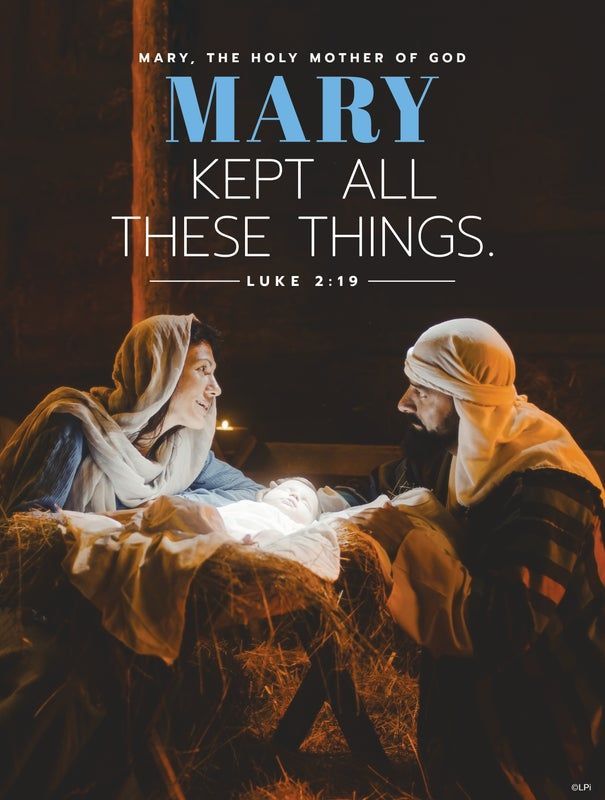 Mary and Joseph gaze at baby Jesus in a manger; text reads,