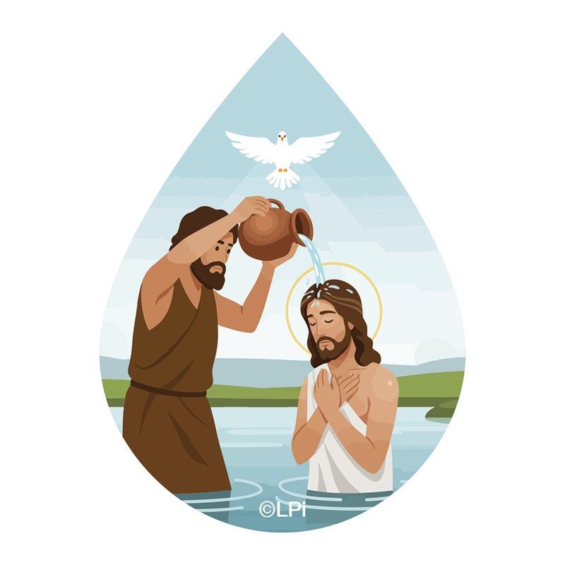 John the Baptist baptizes Jesus in a river; a dove descends, light blue sky.
