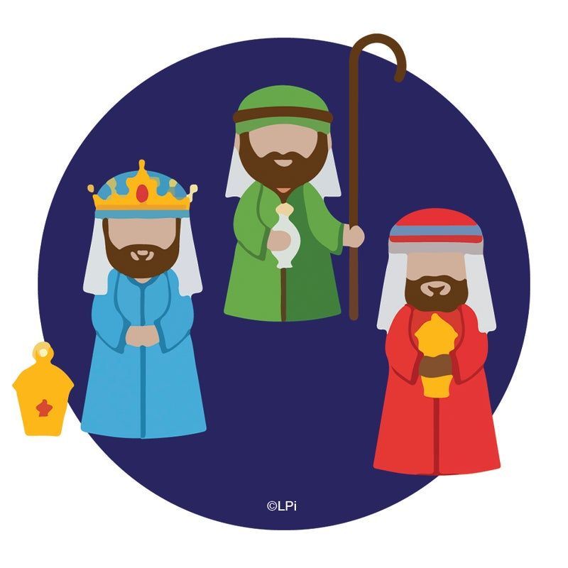 Three wise men, in blue, green, and red robes, bearing gifts, against a dark blue circle.