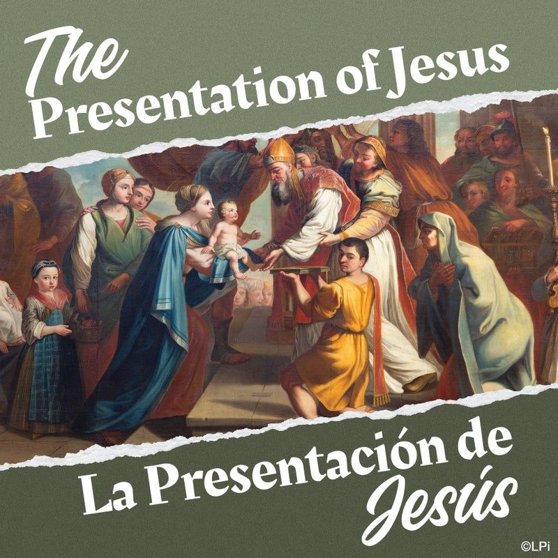 A painting of the Presentation of Jesus in the Temple, featuring Mary, the infant Jesus, and Simeon, with text overlays.