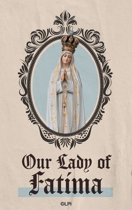 A framed image of Our Lady of Fatima with a crown and hands joined in prayer, set against a light tan background.