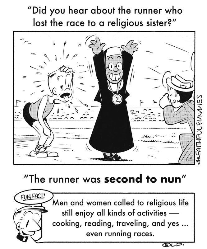 A black and white cartoon of a nun and a runner.