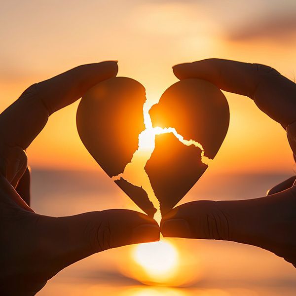 Photo of broken heart held by two hands with a sunset in the background.