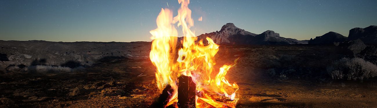 A campfire burns brightly in a field at dusk, with mountains in the background.