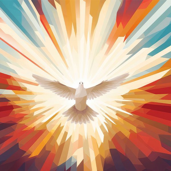A dove is surrounded by rays of light on a colorful background.