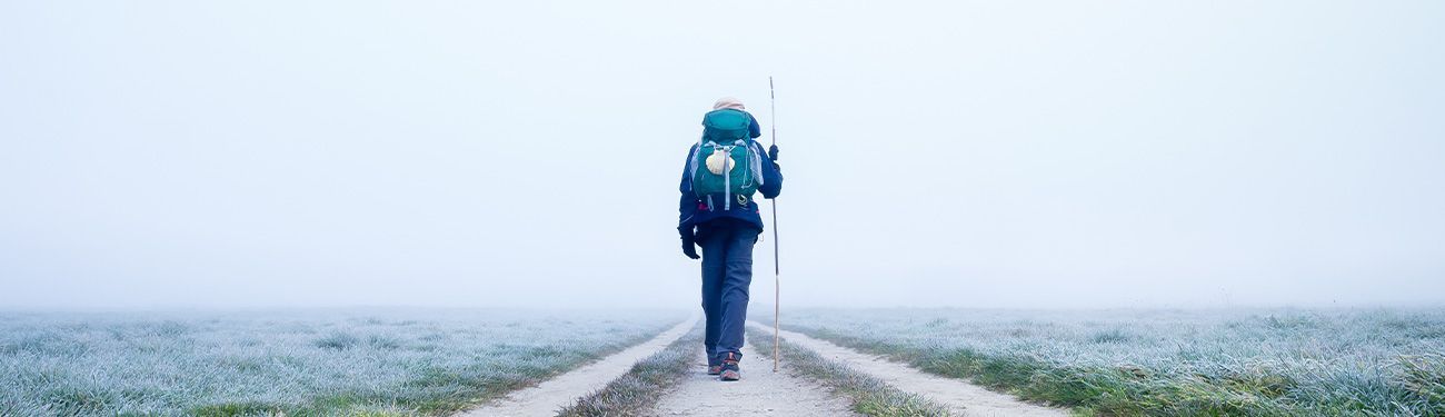 A person with a backpack and a stick is walking down a dirt road.