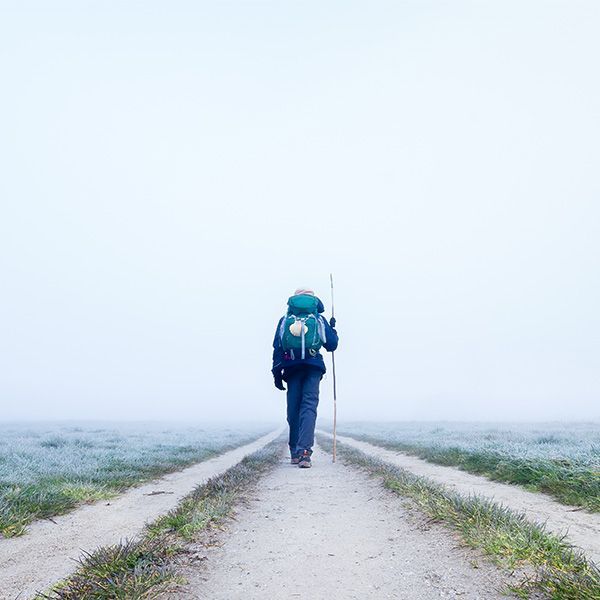 A person with a backpack and a walking stick is traveling down a dirt road.