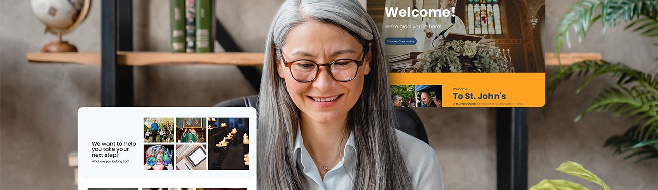 Lady with grey hair looking up her Catholic church on a computer