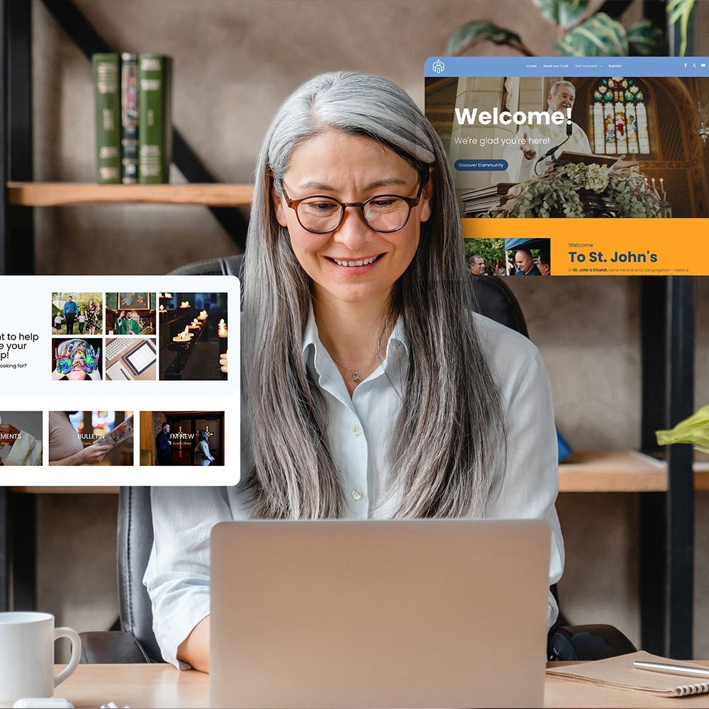Lady with grey hair looking up her Catholic church on a computer