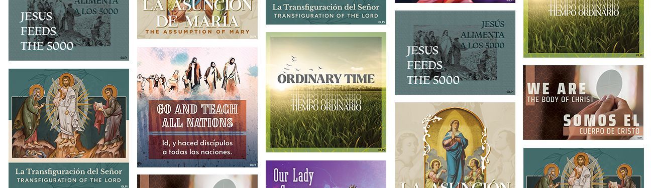 A collage of bilingual english and spanish Catholic graphics