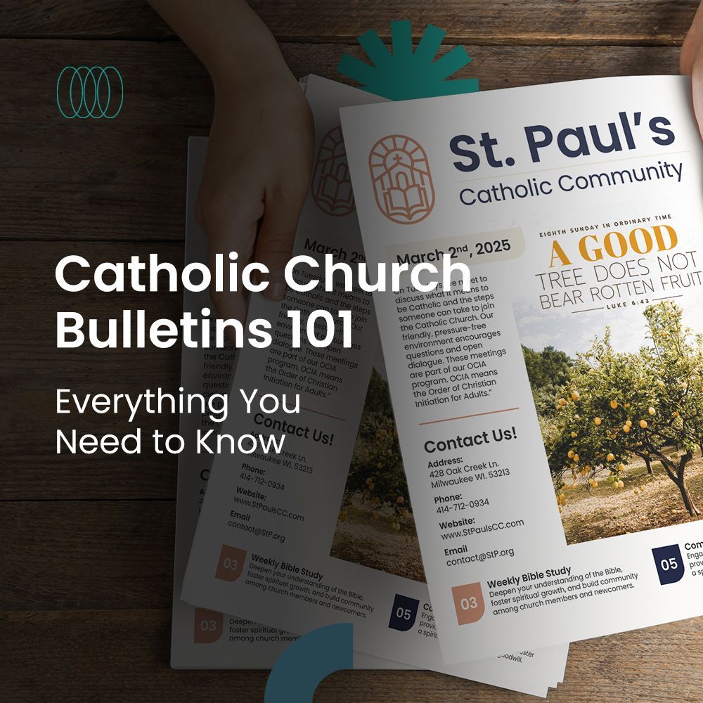 Hands holding multiple Catholic church bulletins with text: 