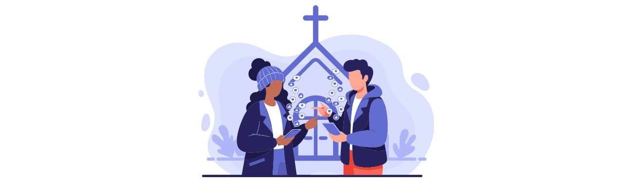 Two people with phones by a church entrance, surrounded by social media icons.