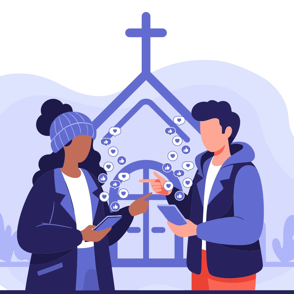 Two people with phones by a church entrance, surrounded by social media icons.
