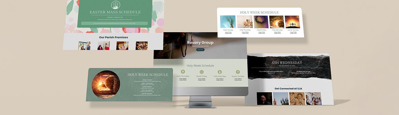 A computer screen of a Parish website surrounded by different sections of website screenshots.