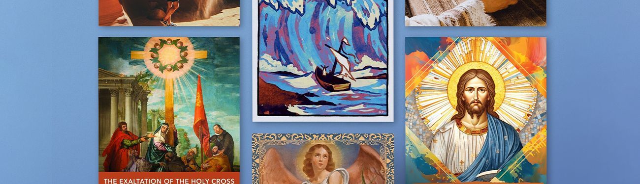 A collage of beautiful Catholic bulletin covers.