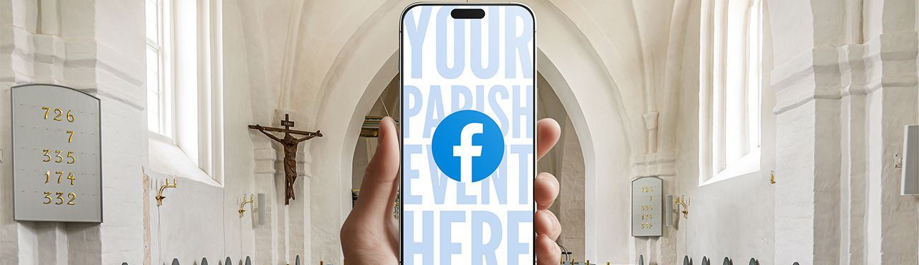 Two people with phones by a church entrance, surrounded by social media icons.